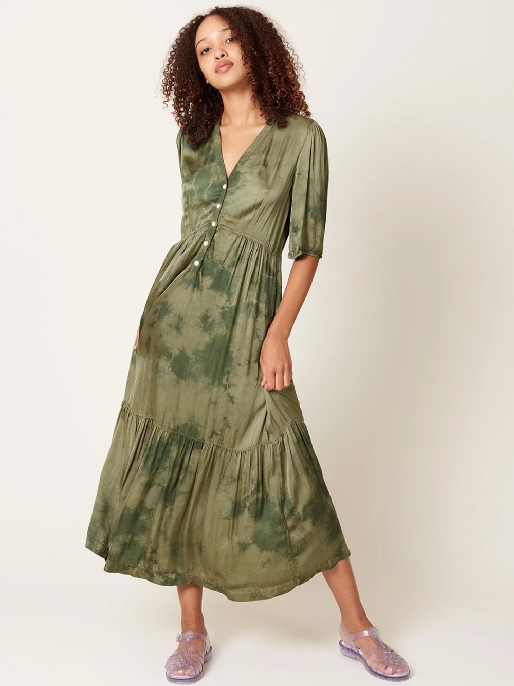 Raquel Allegra Women's Perfect Dress in Hand Dyed Moss Green Sz 0/S